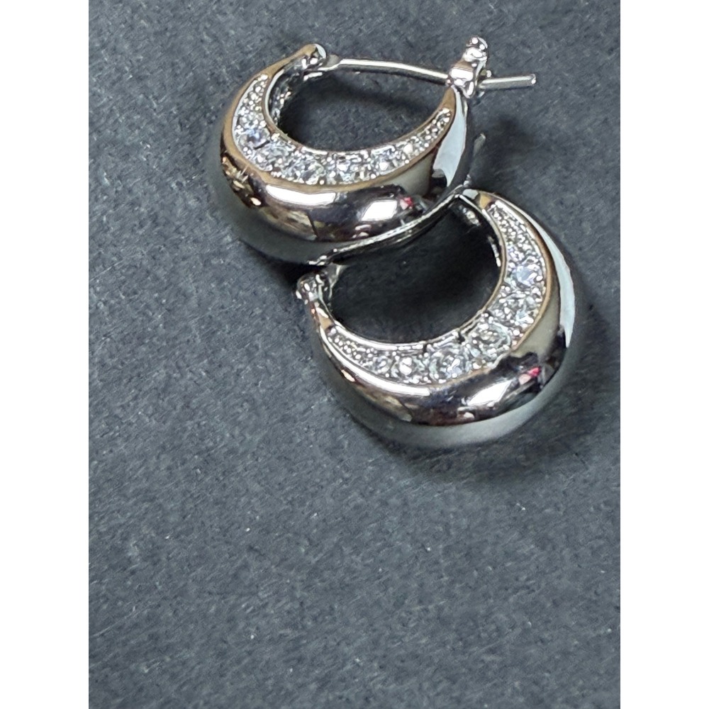 Fossil Silver Tone Pave Crystal Crescent Huggie Hoop Earrings